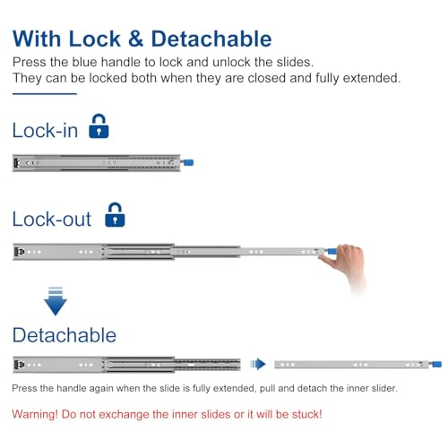 VADANIA 12" Heavy Duty Drawer Slide with Lock #D53, 2" Width Up to 125lb Load Capacity, 3-Fold Full Extension, Ball Bearing Lock-in & Lock-Out, Side Mount, 1-Pair - size: 12 Inch, style: #D53(53mm wide)