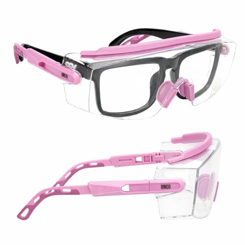 UNCO- Safety Goggles Over Glasses with Clear Wraparound Lens, Light Pink Arms, Anti Fog Safety Glasses for Men and Women, Protective Eyewear