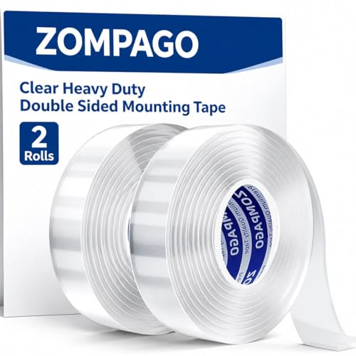 ZOMPAGO Double Sided Tape 2 Rolls 0.6in x 9.84FT Clear Heavy Duty Mounting Tape for Walls Picture Hanging Carpet Adhesive Acrylic Strong Removable No Damage - size: 2 Rolls 0.6in x 9.84FT