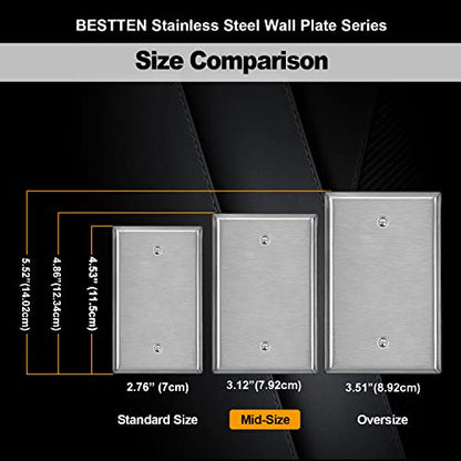 [5 Pack] BESTTEN 1-Gang Midsize Blank Metal Wall Plate, Midway No Device Metal Outlet Cover, Durable Corrosion Resistant, H4.86” x W3.12”, Brushed Finish, Silver - size: Blank Midsize