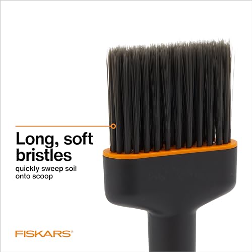 Fiskars Planting Soil Scoop & Brush Set, Dual-Sided Tool for Indoor Digging & Cleanup, Narrow Rigid End & Flexible Dustpan for Potting, Soft Bristles Sweep Debris, Recycled Plastic - style: Soil Scoop & Brush Set