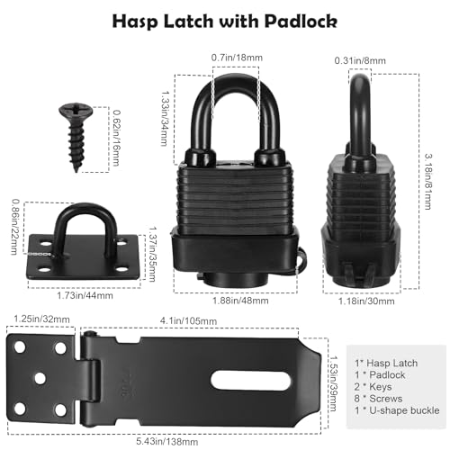 Padlock Latch Lock, 4Inch Stainless Steel Hasp Latch with Padlock Keys Screws, Heavy Duty Black Shed Lock, Waterproof Pad Locks Latches, Gate Locks for Barn Door Cabinet Fence Garage - style: 4Inch