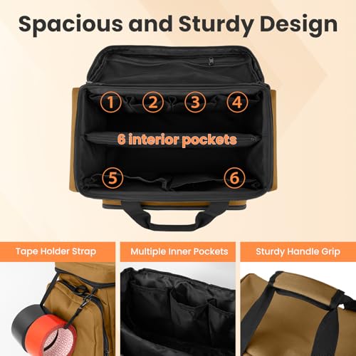 VJI Heavy Duty Tool Bag with Multi-Pockets, Portable Storage Bag with Large Zipper, Carrying Toolbag with Adjustable Shoulder Strap and Ergonomic Handle, Repairman, Carpenters, Handyman, Khaki - color: Khaki
