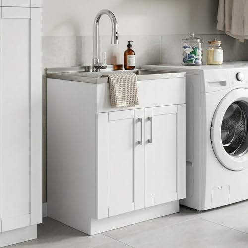 SIMPLIHOME Modern Wide Shaker All-in-One 28 inch Wide Utility Sink and Laundry Cabinet in Pure White Finish, Transitional Stainless Steel Sink Cabinet for Laundry Rooms with High-Arch Chrome Faucet - color: White, size: 28 Inch