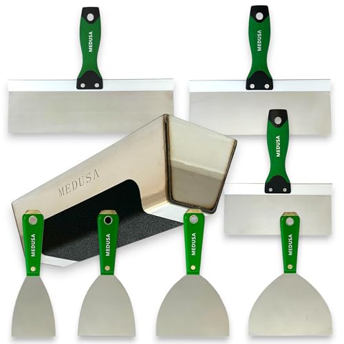 Medusa's Flexible Stainless Steel Drywall Taping Knife Set with 12" Mud Pan and Grip: Classic Style Light Weight Handles with Strong Flexible Blades for Professional and beginner friendly Finishers