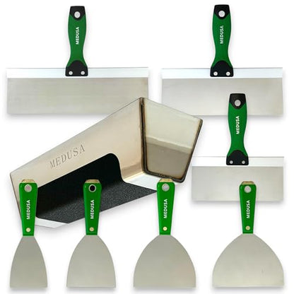 Medusa's Flexible Stainless Steel Drywall Taping Knife Set with 12" Mud Pan and Grip: Classic Style Light Weight Handles with Strong Flexible Blades for Professional and beginner friendly Finishers