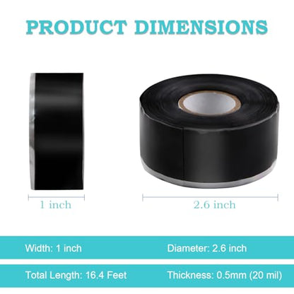 Self Fusing Silicone Tape 1 in x 16.4' Black Waterproof Rubber Leak Proof Sealing Silicone Rubber Self-amalgamating Tape for Emergency Hot and Cold Water Pipe Repairs and Tool Fixation - size: 1 Roll - 16.4 ft - Black - 20 mil Thickness
