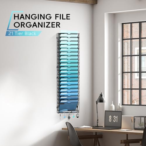 21-Tier Hanging Wall File Organizer with 5 Hooks, Wall File Holder with Labels, Vertical Wall Mount Mail Organizer for Papers, Folders, Magazines, Office Organization, Assembly Needed, Black - size: 21 Tier-Black