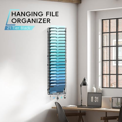 21-Tier Hanging Wall File Organizer with 5 Hooks, Wall File Holder with Labels, Vertical Wall Mount Mail Organizer for Papers, Folders, Magazines, Office Organization, Assembly Needed, Black - size: 21 Tier-Black