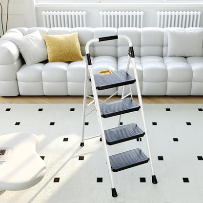 KINGRACK 4 Step Folding Ladder, 800lbs Capacity Step Stool with Safety Lock, Non-Skid Wide Pedals, and Handrail, Lightweight, Household Ladder for Home, Kitchen, Pantry, Closets, and Office Use, White - size: 4-STEP