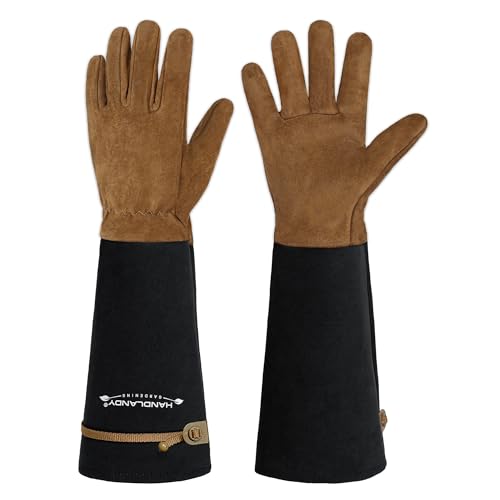 HANDLANDY Long Gardening Gloves for Men & Women, Pigskin Leather Rose Pruning Gloves, Breathable Thorn Proof Gauntlet Glove (Coffee Brown, S) - color: Coffee Brown, size: Small (Pack of 1)