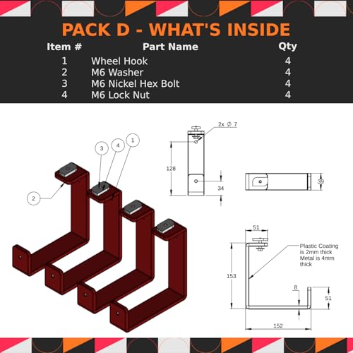 Pack D Hook Brackets x4 – Heavy Duty Wall Hooks, Suits Modular Systems, Holds Ladders, Bikes, Tools, 4mm Steel Construction, Garage Storage Hooks