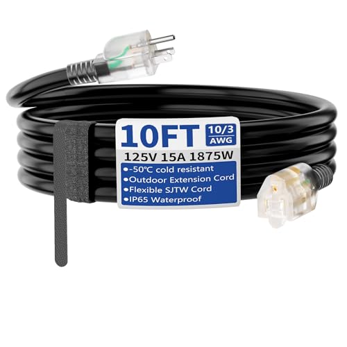 10ft Outdoor/Indoor Extension Cord with Lighted 10/3 Gauge Ultra 3 Prong Heavy Duty SJTW, Waterproof, Flexible Cold-Resistant,15A 125V 1875W, Black - size: 10FT