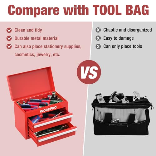 WORKPRO Mini Metal Tool Box with 2 Drawers and Top Storage, Small Tool Chest with PVC Liners and PP Feet Pads, Cold Rolled Steel Toolbox with Magnetic Tab - color: Red