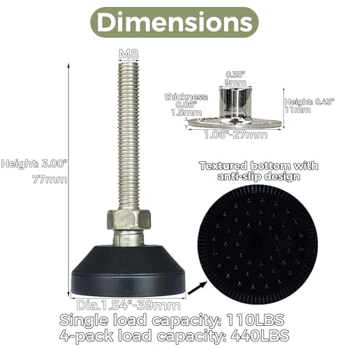 Adjustable Furniture Leg Levelers with Self-Tapping Screws, 1.25"-4" Height Range, 132 lbs Capacity per Leg (M8,3 Height,1.54" Diameter) - size: M8,3" Height,1.54" Diameter
