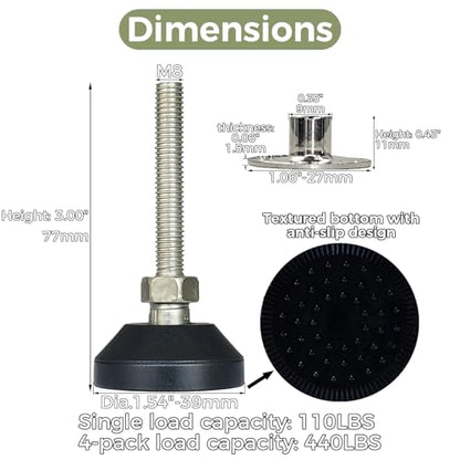 Adjustable Furniture Leg Levelers with Self-Tapping Screws, 1.25"-4" Height Range, 132 lbs Capacity per Leg (M8,3 Height,1.54" Diameter) - size: M8,3" Height,1.54" Diameter