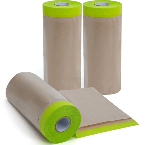 ADHES Pre-Taped Masking Paper for Painting, 3 Rolls 12 Inch x 50 Feet Tape and Drape Painters Paper Roll with Masking Tape, Automotive Paint Masking Paper for Cars, Walls, Floors, Furniture Protection - size: 12 Inch X 50 Feet