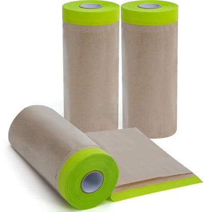 ADHES Pre-Taped Masking Paper for Painting, 3 Rolls 12 Inch x 50 Feet Tape and Drape Painters Paper Roll with Masking Tape, Automotive Paint Masking Paper for Cars, Walls, Floors, Furniture Protection - size: 12 Inch X 50 Feet