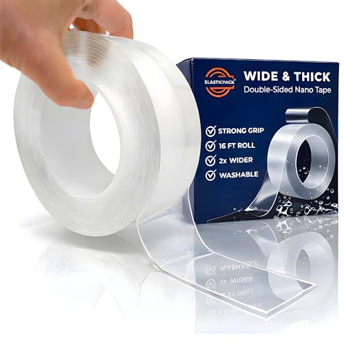 Double Sided Mounting Tape Heavy Duty - 2 in x 16 ft Clear Two Sided Nano Tape for Walls, 2mm Thick Adhesive for Picture Hanging, Reusable, Heat Resistant