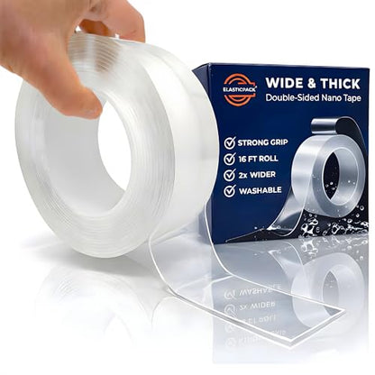 Double Sided Mounting Tape Heavy Duty - 2 in x 16 ft Clear Two Sided Nano Tape for Walls, 2mm Thick Adhesive for Picture Hanging, Reusable, Heat Resistant