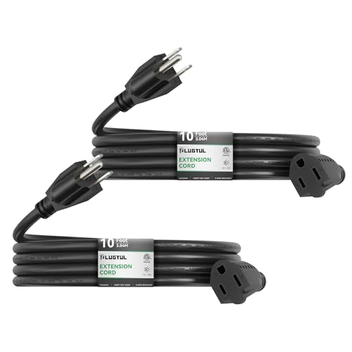 PLUGTUL 2-Pack 10 FT Outdoor Extension Cord Waterproof 16/3 Black Heavy Duty 3 Prong Extension Cord, 13A 1625W SJTW, ETL Listed, Great for Garden and Home - size: 10FT-2Pack