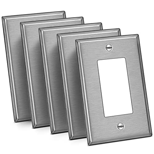 BESTTEN 5 Pack Mid-Size Decor Receptacle Metal Wall Plate with Protective Film, Decorator Stainless Steel Midway Outlet Cover, Corrosion Resistant Mid Size Wall Plates, Brushed Finish, Silver - size: Decor Midsize