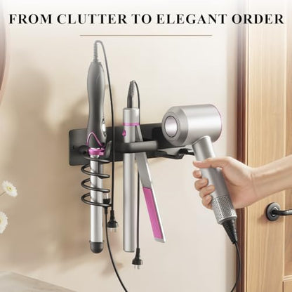 BSICPRO Hair Dryer Holder-3 in 1 Blow Dryer Holder-Metal Bathroom Hair Tool Organizer Wall Mounted-Bathroom Organizer for Hairdryer Curling Iron Flat Iron (Black) - color: Black