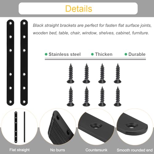 4 Pack Black Straight Brace Brackets 8 Inch Stainless Steel Flat Mending Plates, Heavy Duty Repair Fixing Joining Brackets for Wood with Screws - size: 4 Pcs/ Thicken