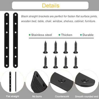 4 Pack Black Straight Brace Brackets 8 Inch Stainless Steel Flat Mending Plates, Heavy Duty Repair Fixing Joining Brackets for Wood with Screws - size: 4 Pcs/ Thicken