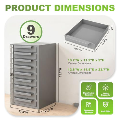 Yeeoy 9-Drawer Storage Cabinet, Tool Box Side Cabinet, Steel Parts Cabinet Van Storage Drawers, Bit Organizer Tool Chest for Hardware Storage and Organizers, Grey, Powder Coat Finish
