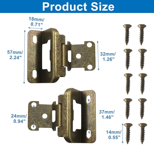 4 Pack (2 Pair) Antique Brass 1/2" Overlay Cabinet Hinges, Partial Wrap Self Closing Kitchen Cabinet Hinges Semi Hidden Cupboard Hinges with Screws - color: Antique Brass