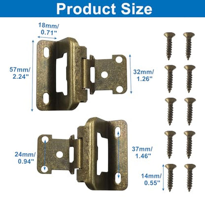 4 Pack (2 Pair) Antique Brass 1/2" Overlay Cabinet Hinges, Partial Wrap Self Closing Kitchen Cabinet Hinges Semi Hidden Cupboard Hinges with Screws - color: Antique Brass
