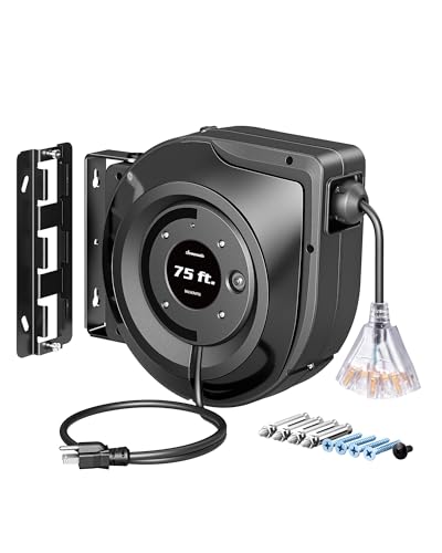 DEWENWILS 75FT Extension Cord Reel, 14/3C SJTOW Retractable Extension Cord Reel, Lighted Triple Outlets, 10A Circuit Breaker, Heavy Duty Power Cord, UL Listed, Ceiling/Wall Mount - color: Black