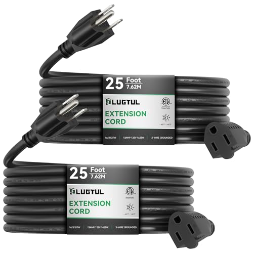 PLUGTUL 2-Pack 25 FT Outdoor Extension Cord, Waterproof, Heavy Duty 3 Prong Black, 13A 1625W SJTW, ETL Listed, Great for Garden and Home - size: 25FT-2Pack