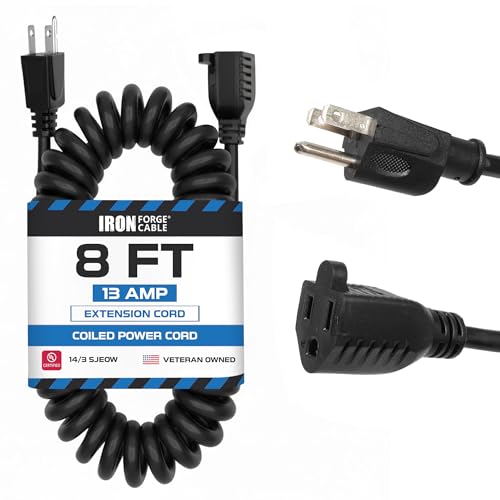 Iron Forge Cable SJEOW Black Outdoor Coiled Extension Cord 8 ft, 14/3, 15 Amp Oil Resistant & Flame Retardant 3 Prong Coiled Wire for Outdoor & Indoor - color: Black, size: 8 ft