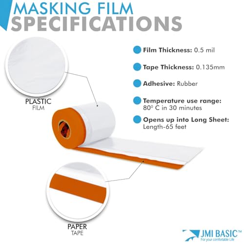 Pre-Taped Masking Film Sets – 3-Rolls, Orange Tape and Drape Painters Plastic Sheeting for Painting, High Visibility Paint Plastic Covering Overspray Protection - 65 Feet (59 x 35 x 18 Inch)
