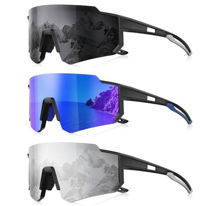 3 Pack Polarized Sunglasses for Men Women, Sports Mens Sunglasses with UV Protection for Baseball Cycling Running - color: B08-gray/Dark Blue/White