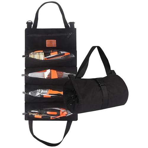 Roll Up Tool Bag, 16OZ Canvas Wrench Roll Up Pouch Multi-Purpose Tool Roll Organize, 5 Zippered Tool Pockets (Black) - color: Black, size: 5 Zipper Pockets