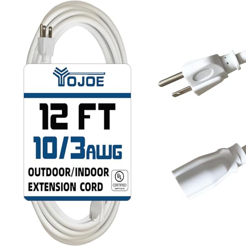 YOJOE Indoor Outdoor Extension Cord, 10 Gauge SJTW Heavy Duty 12 ft White Extension Cord, 3 Prong 15A Weatherproof Power Cord, UL Listed - color: White, size: 12 Foot, style: 1-Outlet