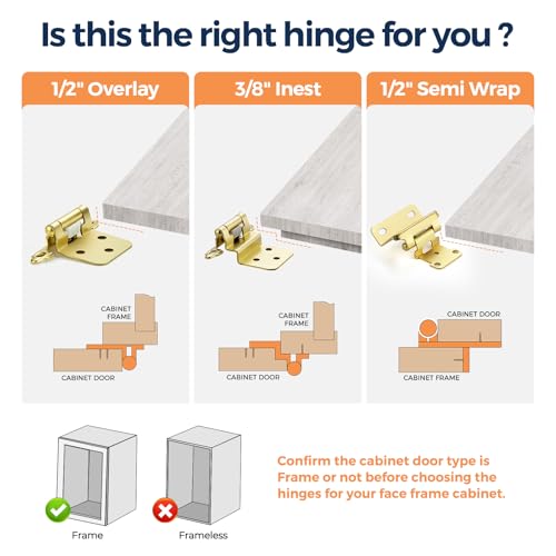 4 Pack (2 Pairs) 1/2" Overlay Cabinet Hinges, Gold Self-Closing Semi-Concealed Partial Wrap Face Frame Hinges for Cabinet Doors - color: Gold