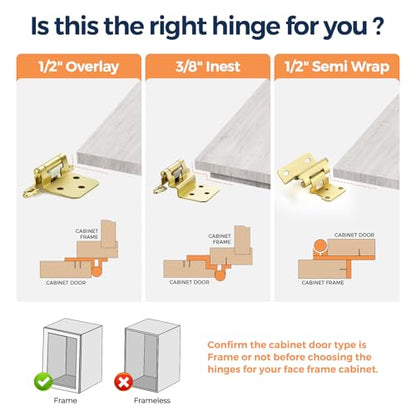 4 Pack (2 Pairs) 1/2" Overlay Cabinet Hinges, Gold Self-Closing Semi-Concealed Partial Wrap Face Frame Hinges for Cabinet Doors - color: Gold