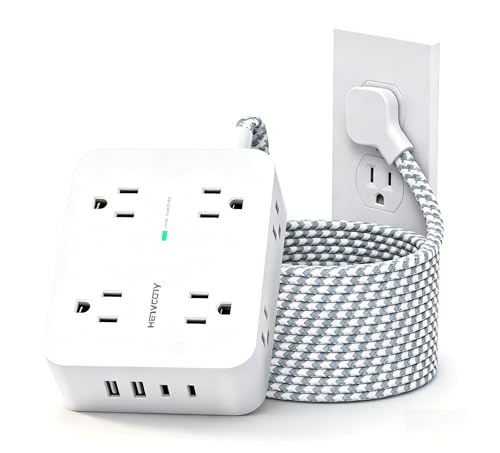HANYCONY 5 Ft Braided Extension Cord with Ultra-Thin Flat Plug, 8 Widely Spaced Outlets and 4 USB Ports (2 USB C), 1080J Surge Protector Power Strip, Small Desktop Charging Station for Dorm Room - size: 5Ft, style: Braided Cord