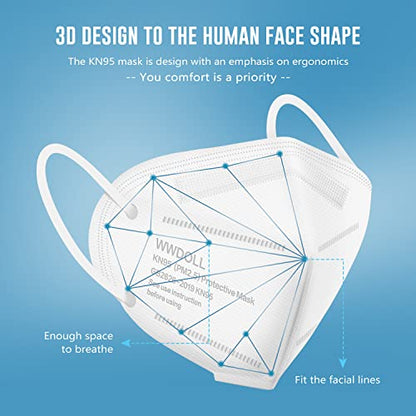 WWDOLL KN95 Face Mask 50 Pack, KN95 Masks 5-Layer Breathable Mask with Elastic Earloop and Nose Bridge Clip, Disposable Respirator Protection Against PM2.5 White - color: White