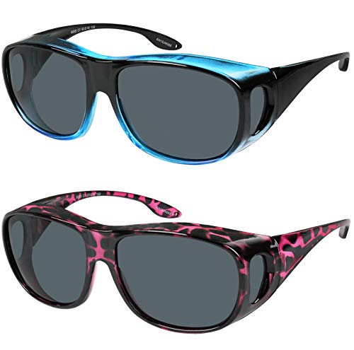 Fit Over Wrap Sunglasses Polarized Lens Wear Over Eyeglasses 100% UV Protection for Men and Women - color: Black Blue Frame and Burgundy Havana