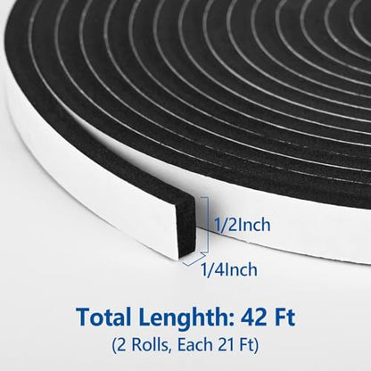 Kikerike Self Adhesive Foam Tape Weatherstrip 1/2In x 1/4In x 42Ft High Density Foam Insulation Strips Seal Weather Stripping with Strong Adhesive for Door and Window Sound Isolation Soundproofing - size: 1/2in x 1/4in x 42Ft