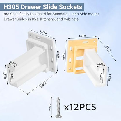 2 Pack Drawer Slide Socket Set for 1" Drawer Slides C-Shaped Adjustable H305 Drawer Rail Bracket with Screws Adjustable Base, Heavy-Duty Plastic Drawer Socket for RV Drawers Cabinet & Furniture