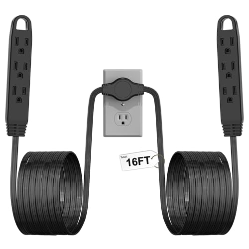 3-Prong 16FT Twin Extension Cord with 6 Outlets - Slim Design for Home Furniture, 16FT Double Cord 8 FT Each Side in Black Color