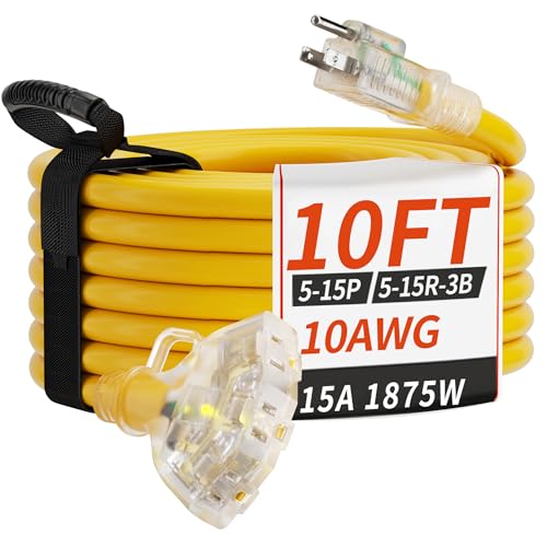 PlugSaf 10 FT 10 Gauge Outdoor Extension Cord with Multiple Outlets Light Indicator, Flexible 3 Outlet Weatherproof Heavy Duty Extension Cord Waterproof Yellow, 15A 1875W 10AWG SJTW, ETL Listed - size: 10FT