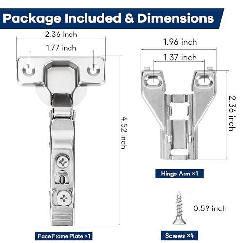 10 Pack 1/2'' Overlay Face Frame Soft Close Hidden Cabinet Hinges, 105 Degree 3D Adjustable Clip On Plate Concealed Kitchen Cupboard Door Hinges with Screws