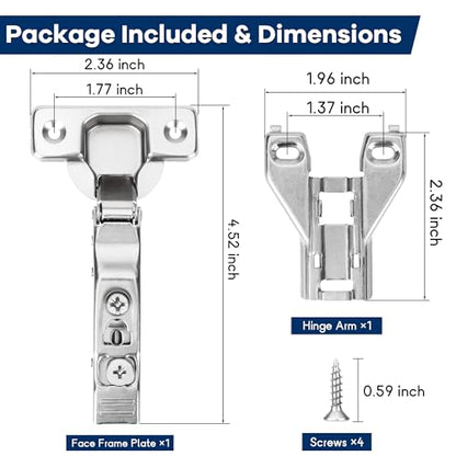 10 Pack 1/2'' Overlay Face Frame Soft Close Hidden Cabinet Hinges, 105 Degree 3D Adjustable Clip On Plate Concealed Kitchen Cupboard Door Hinges with Screws